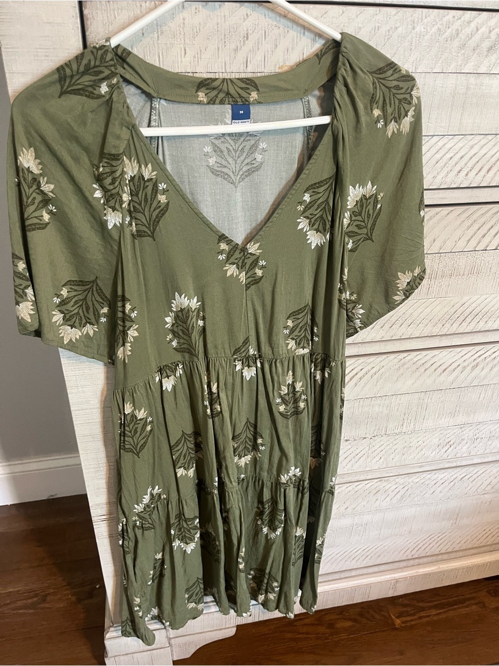 Old Navy Olive Green Floral V-Neck Tiered Mini Dress